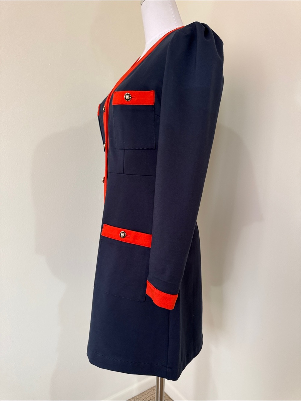 Maeve Anthropologie Ponte Blazer Mini Dress Navy Red Trim Button Front Small - Picture 4 of 10